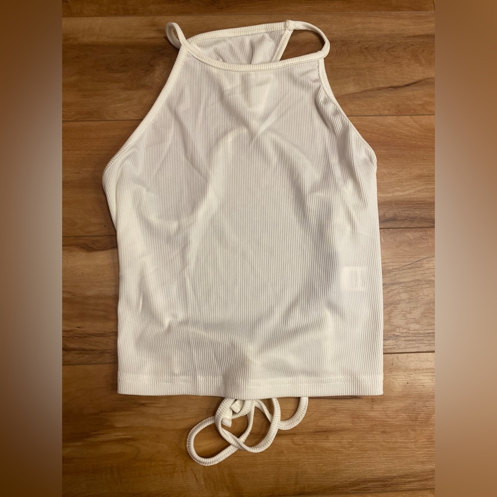 White Ribbed Open-Back Tie Cropped Tank Top